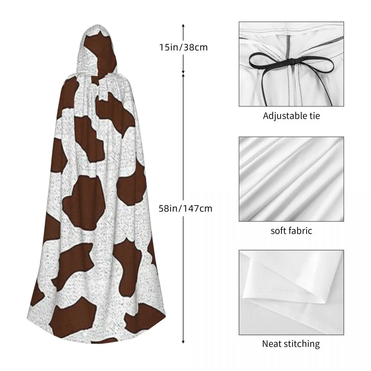 Capa longa com capuz padrão de manchas de vaca marrom, fantasia medieval de bruxa, capa cosplay, casaco de halloween adulto unissex