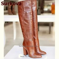 Surkova Brown Crocodile Pattern Chunky Heel Knee Boots Pointed Toe Snakeskin Square Heel Dress Boots Fall Winter Outdoor Shoes