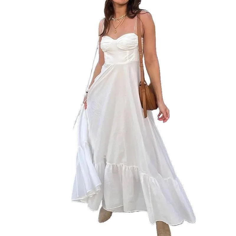Women\'s White Party Dress Ruffle Spaghetti Strap Sleeveless Elastic High Waist Maxi Dresses Summer Sexy Evening Female Vestidos