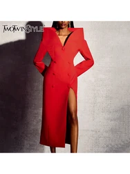 TWOTWINSTYLE Solid Temperament Designer Trench For Women V Neck Long Sleeve Spliced Double Breasted Formal Coats Female Clothes