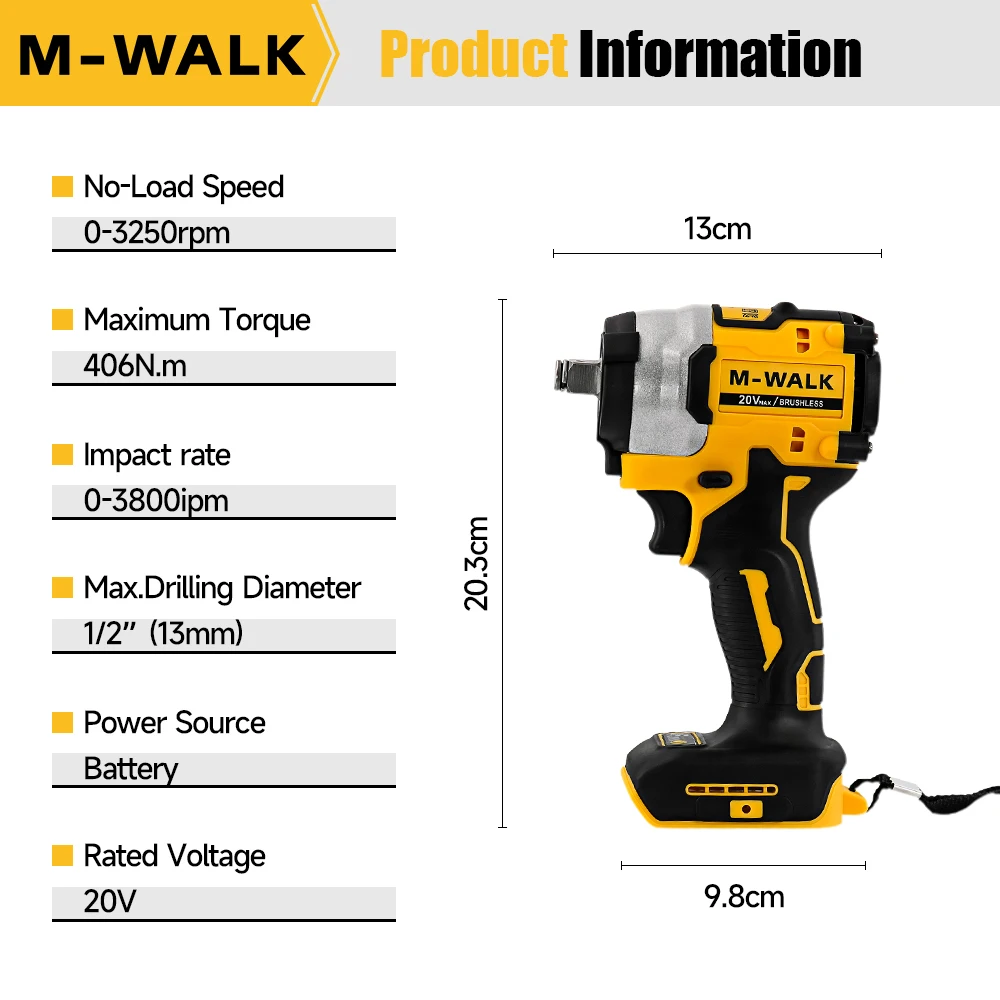 M-WALK 406N.M Torque Brushless Electric Impact Wrench 1/2 inch Screwdriver Cordless Wrench Power Tool For Dewalt 20V Battery Pin