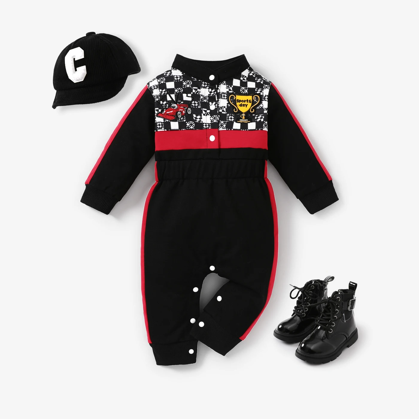 PatPat Racing Driver Baby Boy/Girl Sporty Grid Jumpsuit Autumn Spring