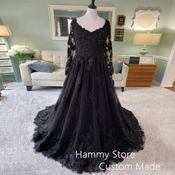 Luxury Lace Black Wedding Dress A Line V Neck Full Sleeves Sequined Applique Sweep Train Gothic Bridal Gown for Weddings