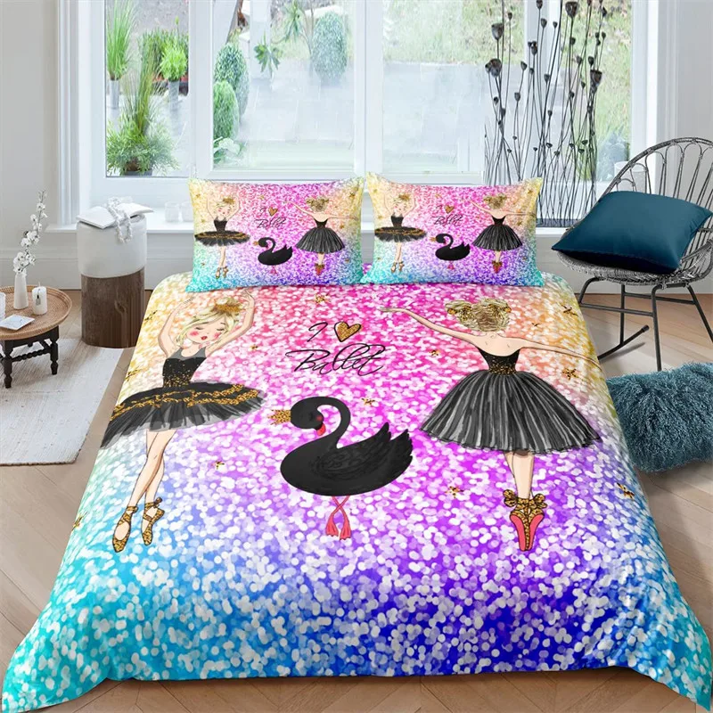 Ballet Princess Dancer Duvet Cover 3D Sparkling Glittering Star Bedding Set Cartoon Animal Swan Quilt Cover For Child Boys Teens