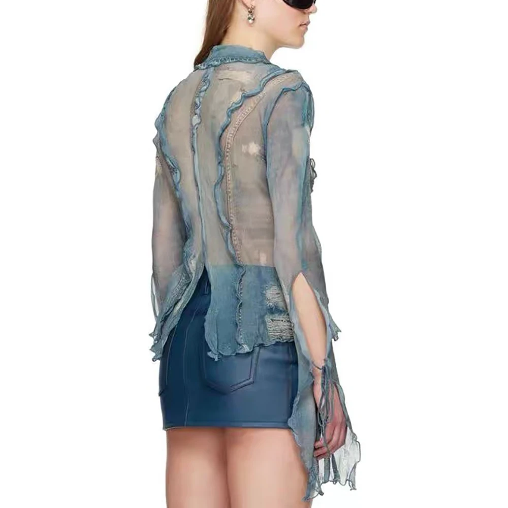 2024 Spring / Summer New Women\'s Shirt Y2k Faux Denim Printed Hole Tie Sexy See-Through Commuter Hundred Cotton Blouse Tops