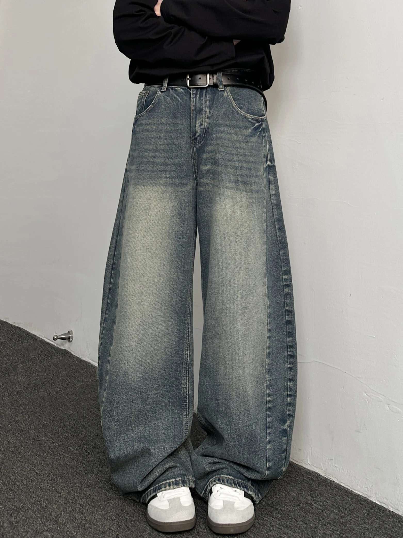 Calças Jeans Retrô Azuis Masculinas de Perna Larga e Caimento Solto em Algodão Estilo Americano Clássico, Comprimento Até o C...