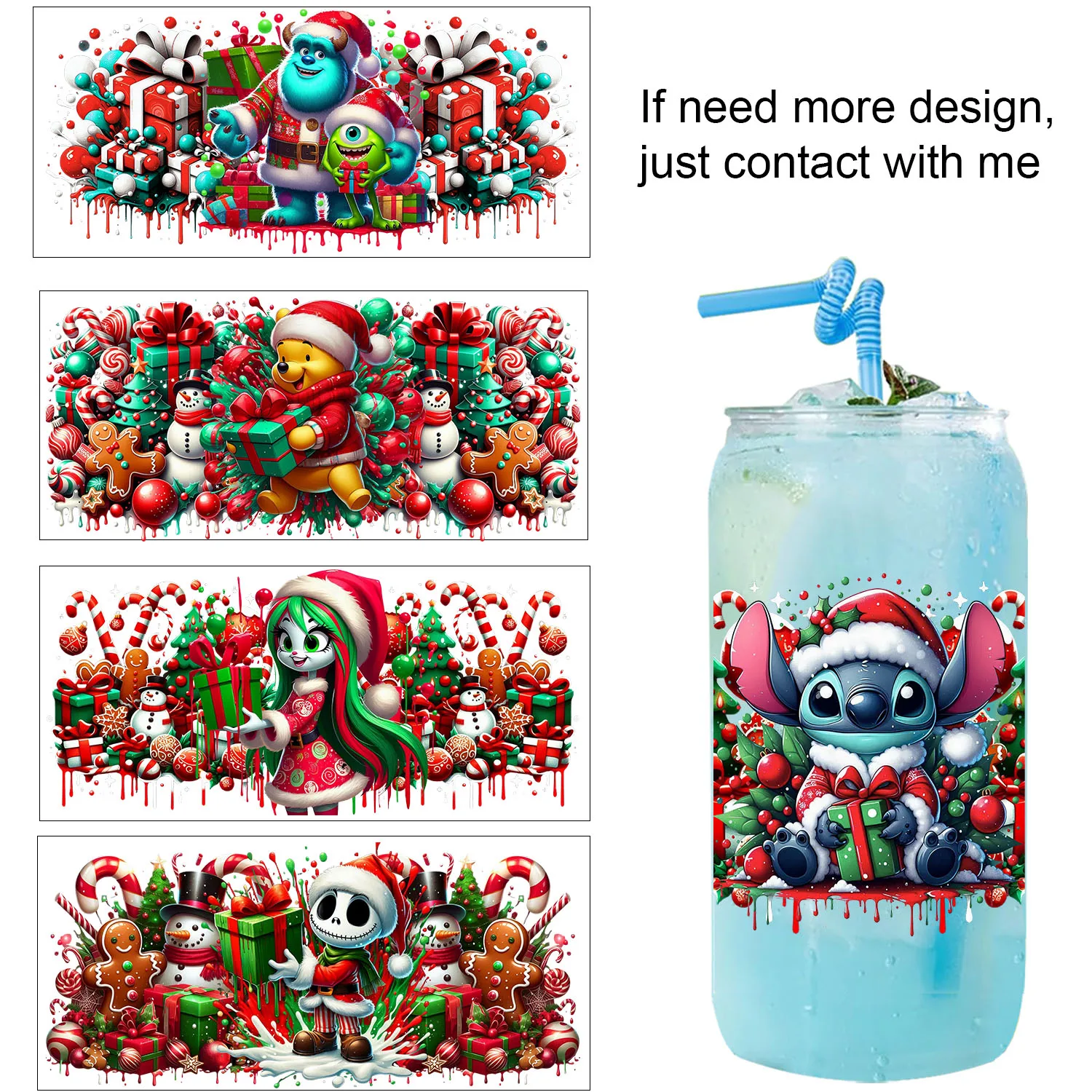 

Christmas Stitch Mickey easy peel waterproof Party DIY Decals 3D transfers uvdtf tumbler seal stickers 16oz uv dtf cup wraps