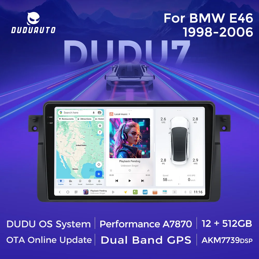 Autoradio DUDUAUTO DUDU7 AKM7739 TDA7808 A7870 DSP DTS Android 13 avec CarPlay sans fil, Auto Mirror Link pour BMW E46 M3 Rover 75 1998-2006, navigation GPS, lecteur multimédia embarqué