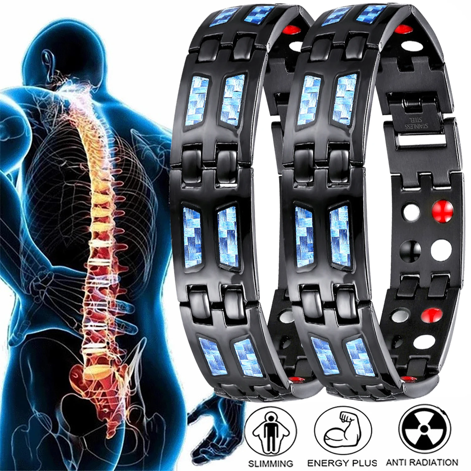 Double-Row Ultra Strength Bio Magnetic Therapy Bracelet for Men Stainless Steel Carbon Fiber 4in1 Energy Elements Health Bangle