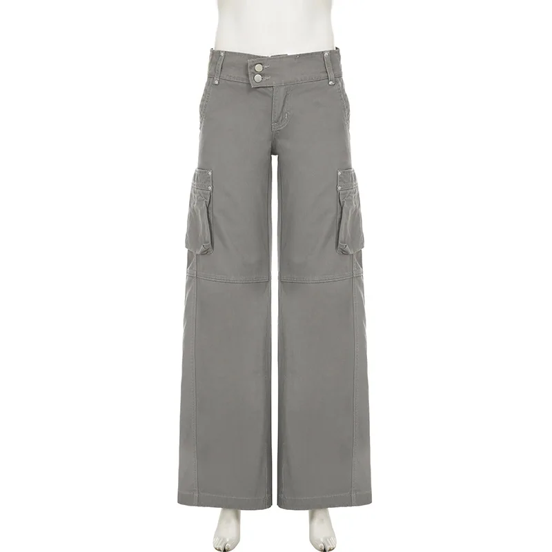 American street style multi-pocket tooling casual pants low waist splicing casual gray women's straight jeans