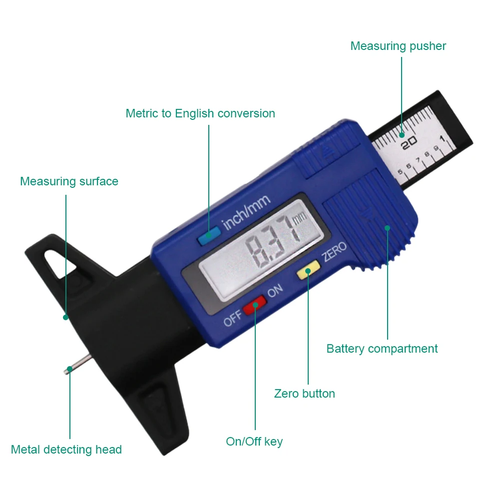 Kontroler bieżnika duży wyświetlacz cyfrowy miernik głębokości opon 25mm wykrywanie zużycia opon samochodowych precyzyjny pomiar głębokości suwmiarka