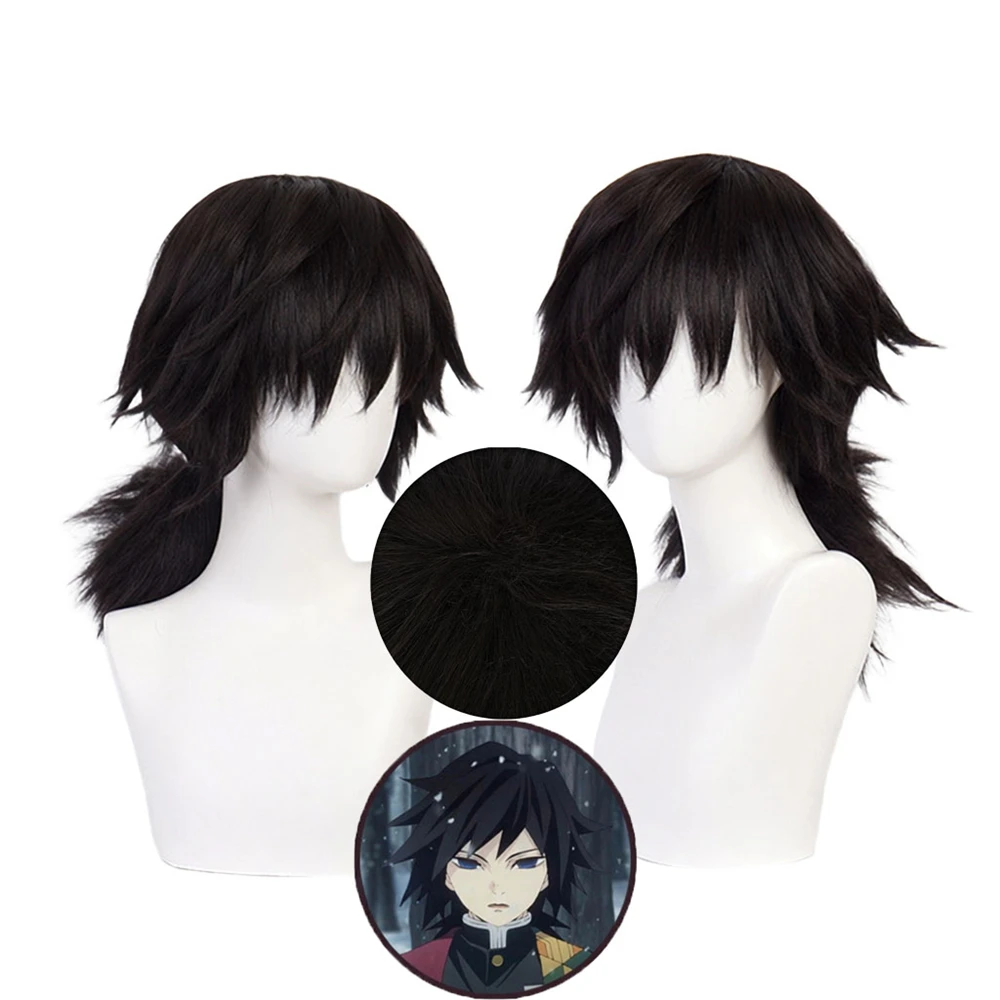 Tomioka Giyuu Cosplay Wig Black Short Hair Heat Resistant Synthetic Wig Pelucas For Halloween Party Role Play