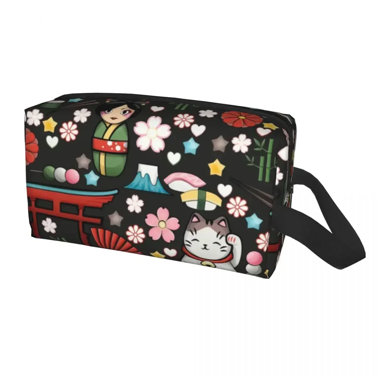 Cute Kawaii Maneki Neko Lucky Cat Travel Toiletry Bag for Women Japanese Geisha Art Cosmetic Makeup Bag Beauty Storage Dopp Kit