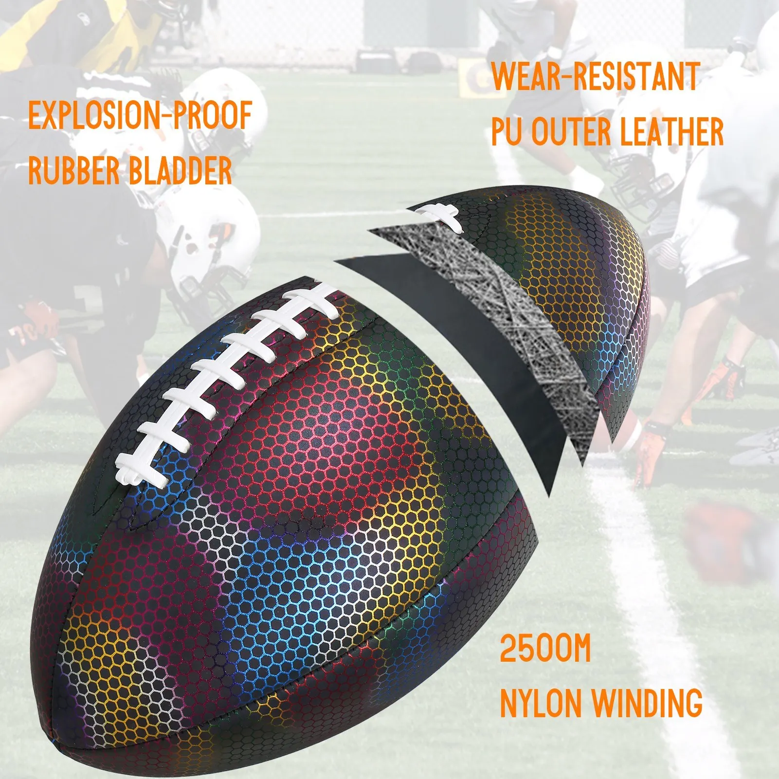 Holographic Reflective Football Glowing Luminous Rugby Indoor Outdoor Leather Football Gifts for Boys Girls Men Women