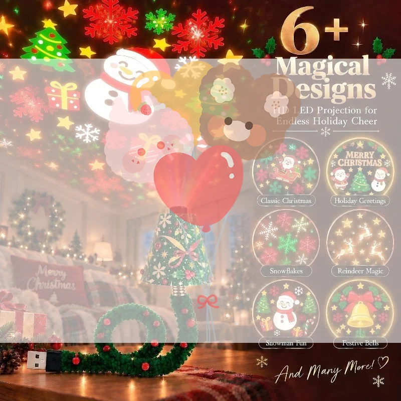 New Christmas Projector Light Plug and Play HD Xmas Night Light with 6+ Holiday Patterns For Home Party Decor