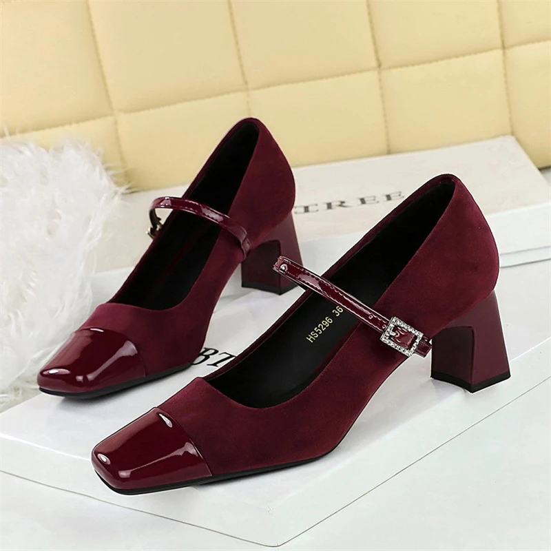 

BIGTREE Spring Leopard Print Buckle Women's Pumps Square Toe Stripper Party Vintage Concise Splice Ladies Shoes Zapatos Mujer