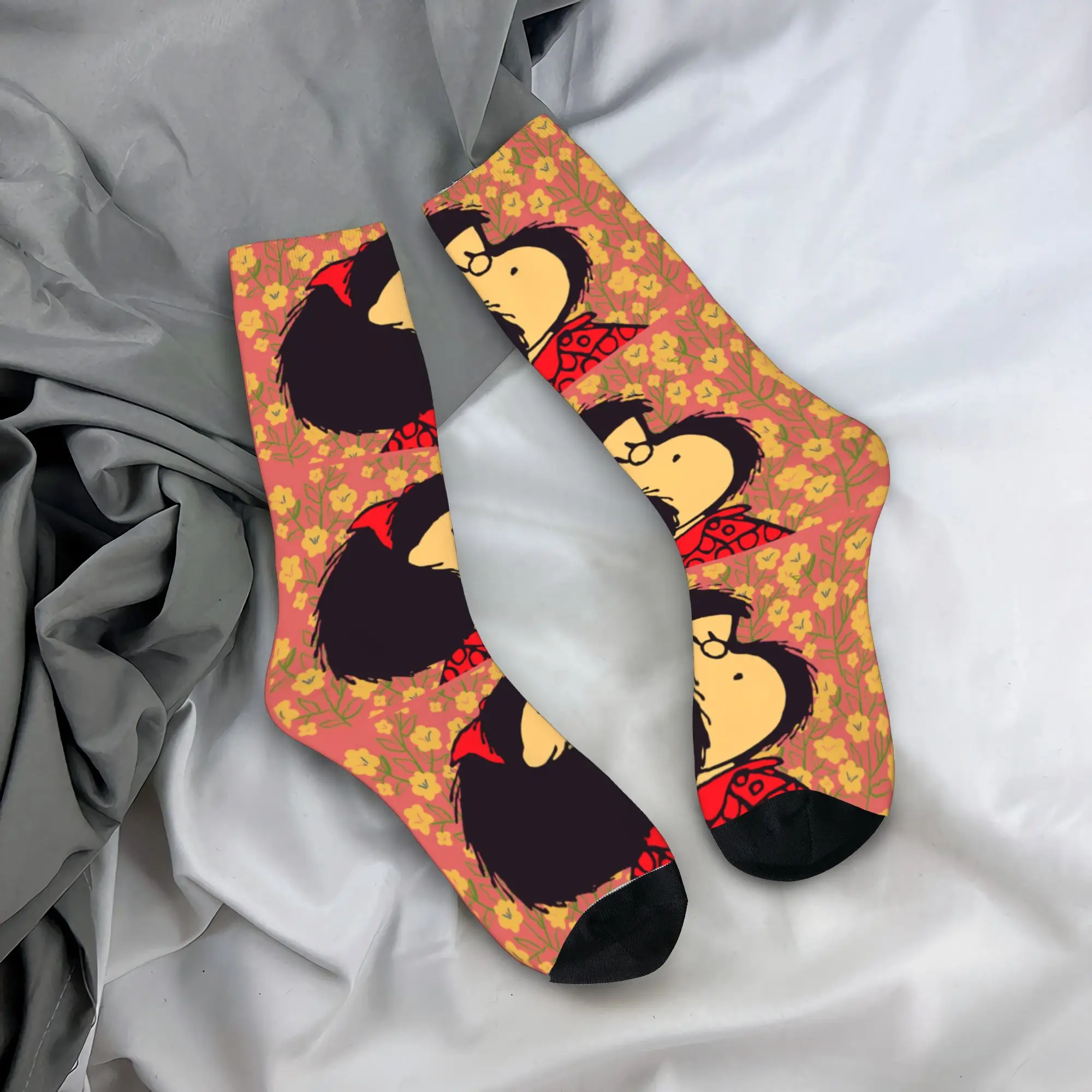 

Custom Cool Mafalda And Flowers Socks Women Men Warm 3D Printing Quino Kawaii Cartoon Football Sports Socks