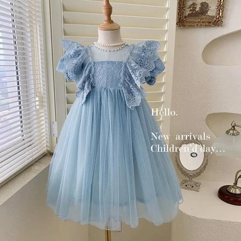 

Summer Blue Lace MESH Floral Dress Lolita Child Girls Casual Midi Dress Children Dresses For Teens Party Princess Sundress