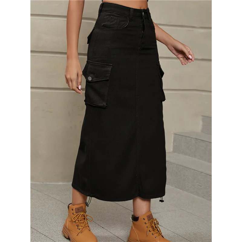 AOAO-Denim jupe sous le genou longueur taille haute Jean jupes pour les femmes