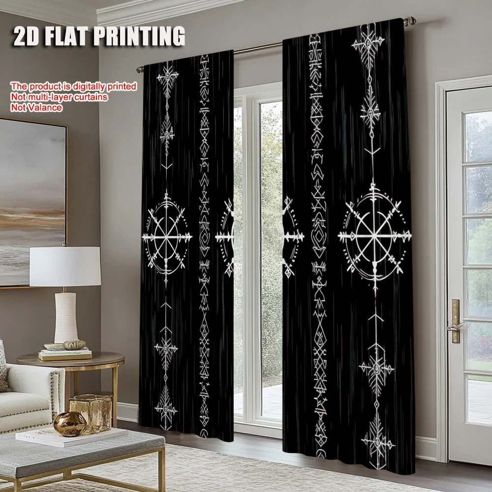 2Pcs Black Background Viking Symbol Light Filtering Curtains Polyester Perfect For Bedroom Living Room Decor