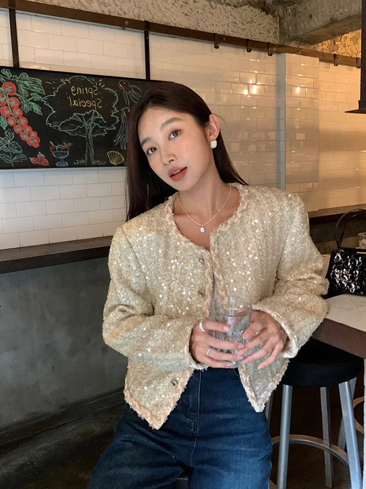 Champagne sequin jacket for women High quality Spring autumn Metal single breasted blazer Ladies outwear 2024 New INKEO 3O268