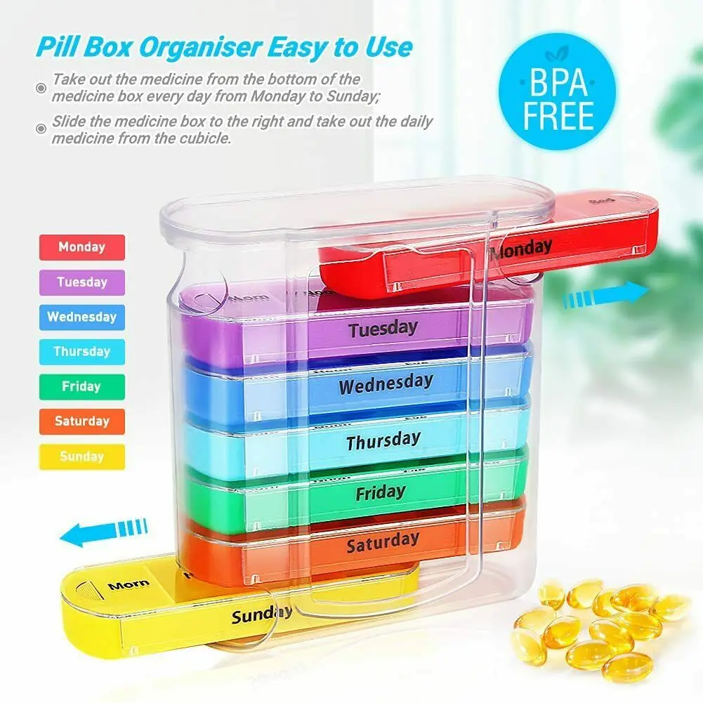 Weekly 7 Days Pill Organizer 28 Compartments Drug Box Plastic Medicine Storage Dispenser Cutter Drug Cases for Home Travel