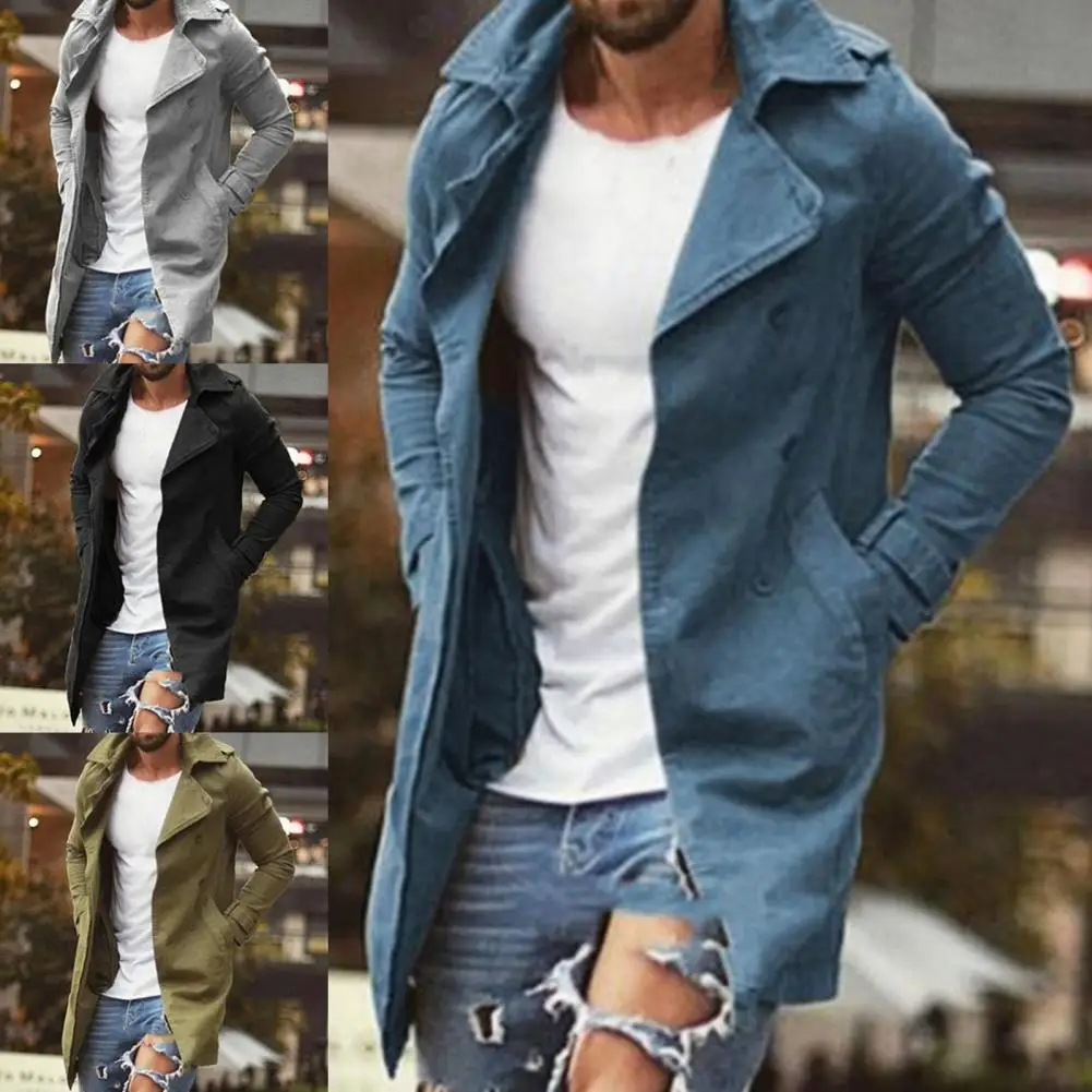 

Warm Men Coat Windbreaker Jackets Stylish Cardigan Slim Solid Color Man Pockets Trench Coats Buttons for Winter