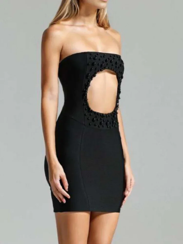 Sexy Strapless Uitgesneden Kralen Mini Bandage Jurken Voor Vrouwen Zwarte Mouwloze Zomer Bodycon Elegante Avond Feest Club Jurk