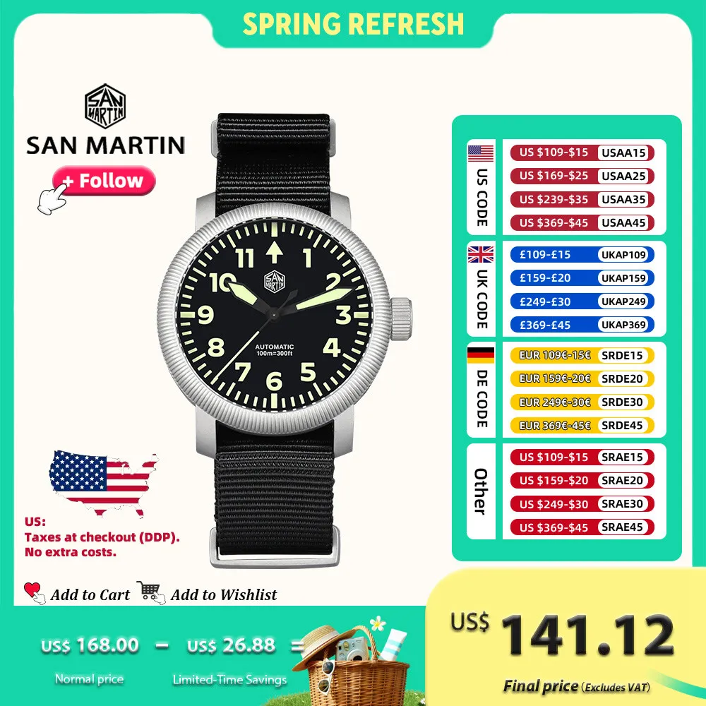 

San Martin Men Watch 40mm Simple Pilot Style Bead Blasted Steel Automatic Mechanical Watches Waterproof 10Bar C3 Luminous SN0143