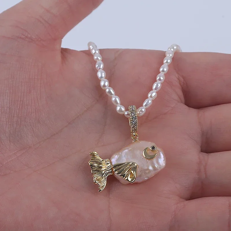 New design pink Keshi pearl with 3mm white rice shape natural freshwater pearl string cute fish handmade necklace