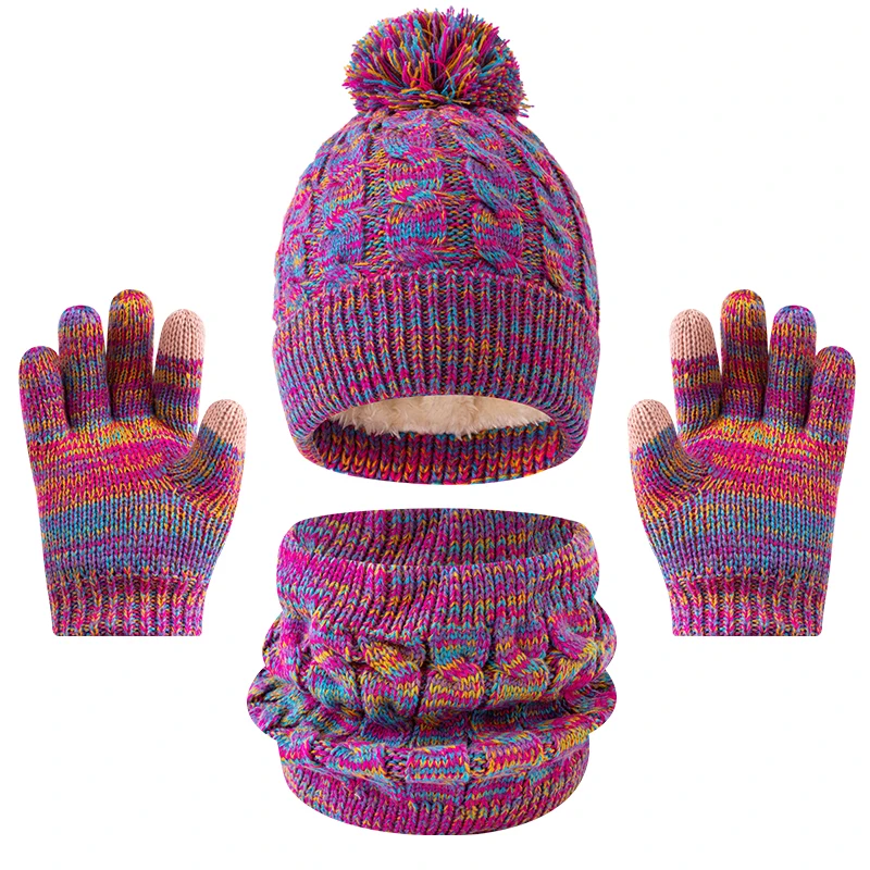 3pc3-12 Children's Winter Hat, Scarf and Gloves Three-piece Set, sweet and versatile, top ball flapped woolen cap, thickened war