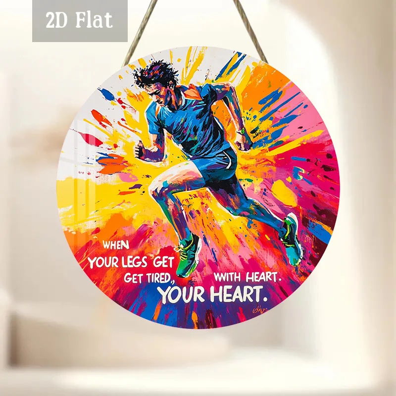 2D Flat, Round Wooden Hanging Sign with Colorful Ink Splatter & English Motivational Slogans - Artificial Wood Wall-Mounted Fitn