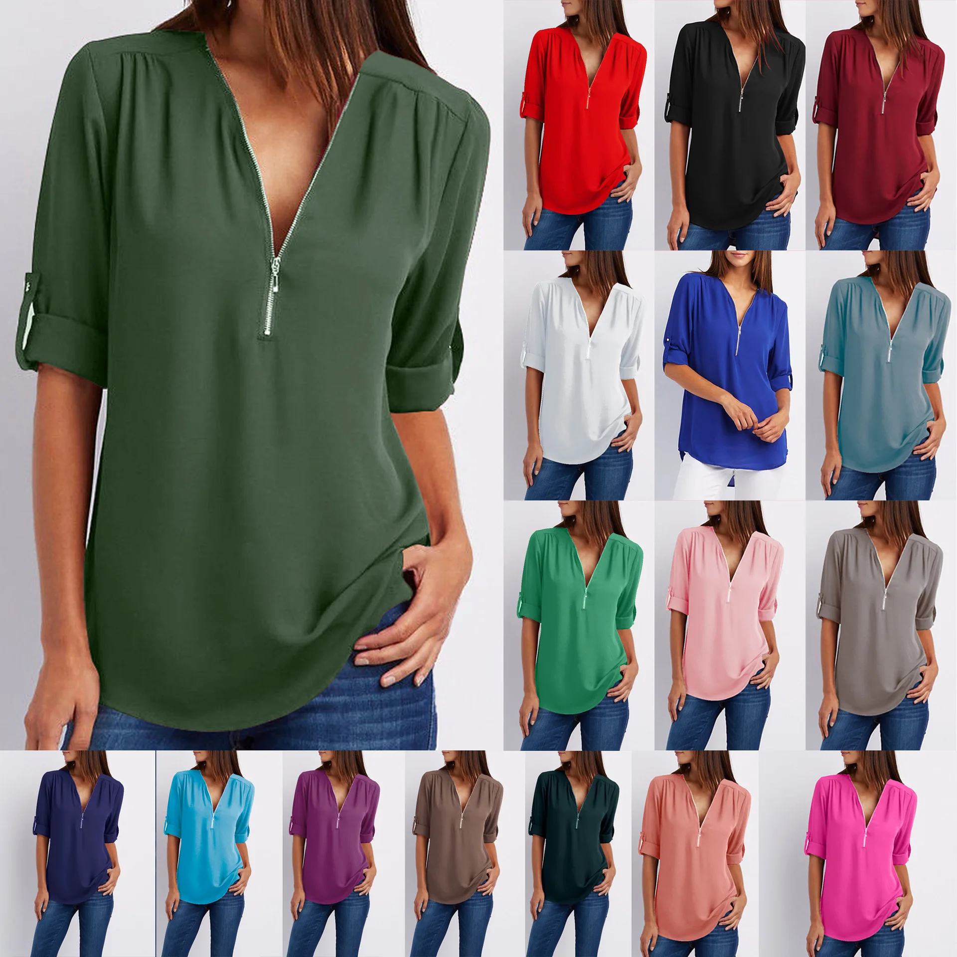 2024 Quality HotSale Plus Size Deep V Neck Women Blouse Chiffon Cool Loose Shirt Fashion Casual Ladies Tops Sexy Zipper Pullover