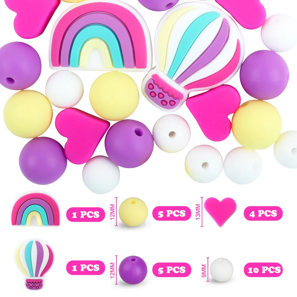 26Pcs/Set Silicone Beads Rainbow Hot air balloon Heart Focal Beads Set For Jewelry Necklace Keychain Making DIY Set Accessories