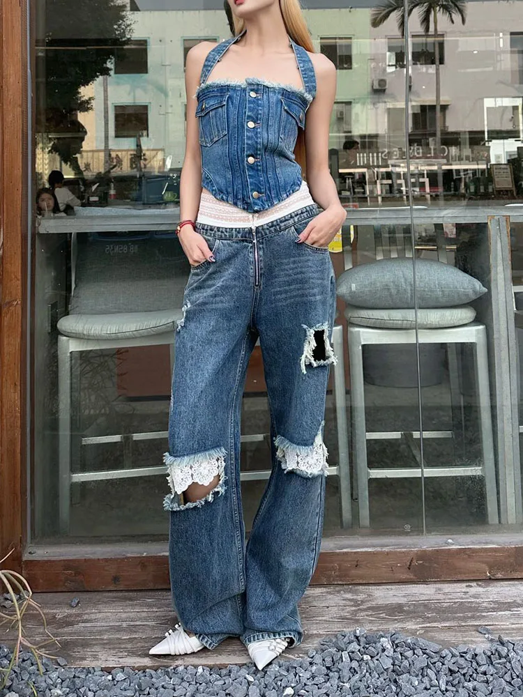 y2k spring and summer do old torn lace splicing high-waisted cotton Jeans2024 casual straight wide-leg pants Woman pants