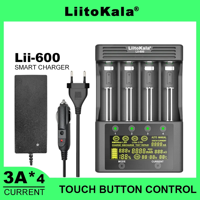 

LiitoKala Lii-600 LCD Battery Charger For Li-ion 3.7V and NiMH 1.2V Battery Suitable for 18650 26650 21700 26700 18350 AA AAA