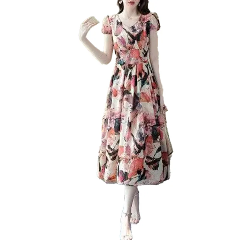 2023 Nieuwe Zomermode Prachtige Celebrity Fantasy V-Hals Print Taille Fit Over Buik Casual Resort Vintage Jurk