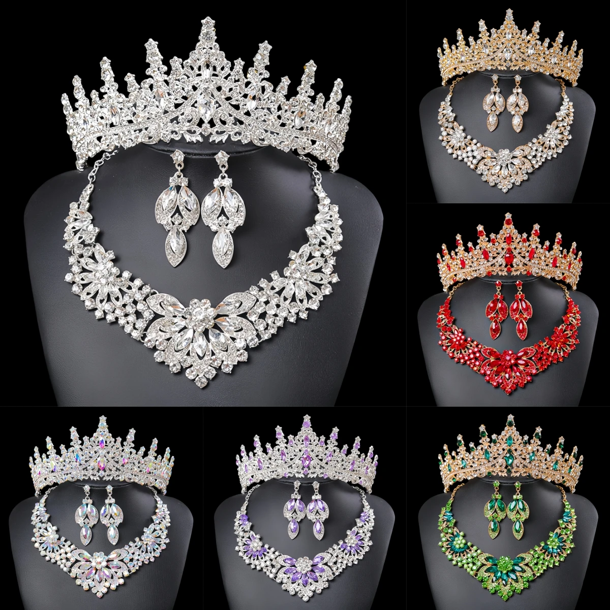 

Набор из 3 предметов: колье, серьги и корона с кристаллами, свадебный комплект украшений с камнями, аксессуары для волос для невесты, свадебная корона-тиара
