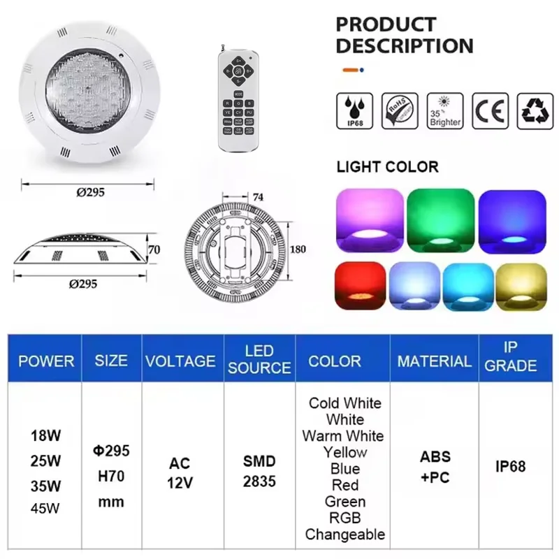LED أضواء حمام السباحة تحت الماء RGB اللون تغيير AC12V 12 واط 18 واط 25 واط 35 واط 45 واط IP68 مصباح مقاوم للماء أبيض دافئ/أبيض بارد #3