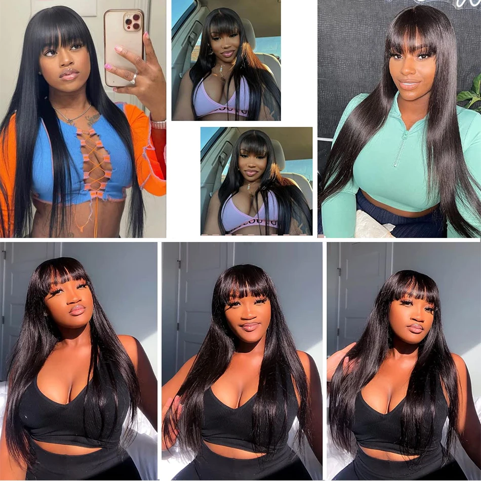 Straight Wigs with Bangs Human Hair Wigs None Lace Front Wigs Brazilian Virgin Hair Glueless Machine Made Wig