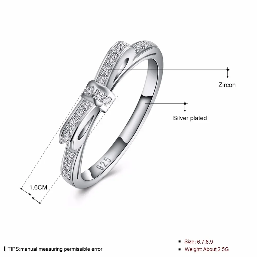 925 Silver Plated Beautiful Retre SILVER ring CZ Zircon Crystal  Bow tie pretty fashion Wedding women Lady Ring jewelry