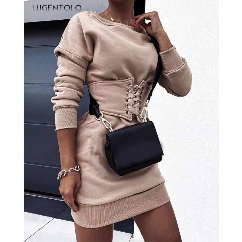 Women Sexy Dress Slim Strappy Waist Bandage Long Sleeve Spring Ladies Casual Solid Round Neck Mini Cloth