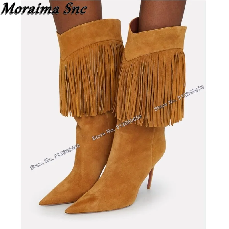 

Moraima Snc Solid Slip on Fringe Decor Boots for Women Mid Calf Boots Pointed Toe Stilettos High Heels Runway Shoes on Heels