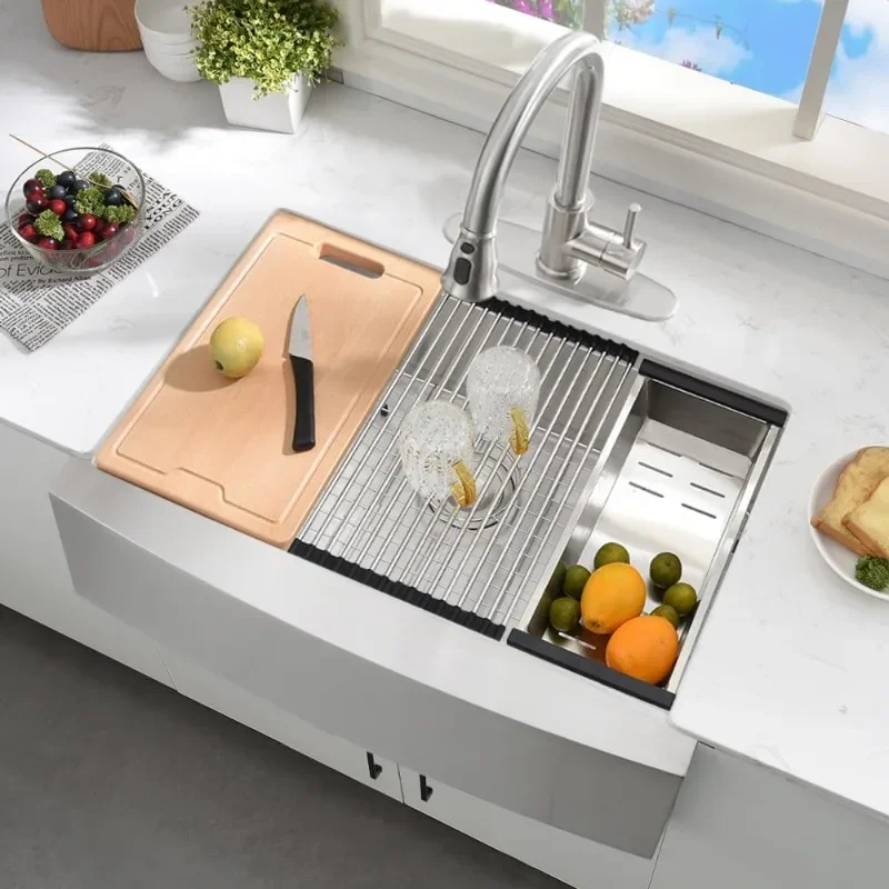 33x21 Farmhouse Kitchen Sink Stainless Steel Apron Front Sink 16 Gauge Single Bowl Deep Kitchen Farm Sink With Cutting Board