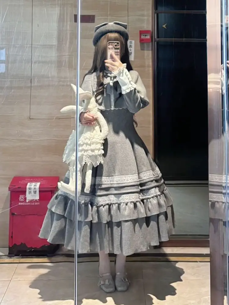 2026 New Japanese Korean Elegant Gray Ruffled Dress + Cape Shawl 2-piece Set Winter Lolita Sweet Elegant High Waist Slim Dresses
