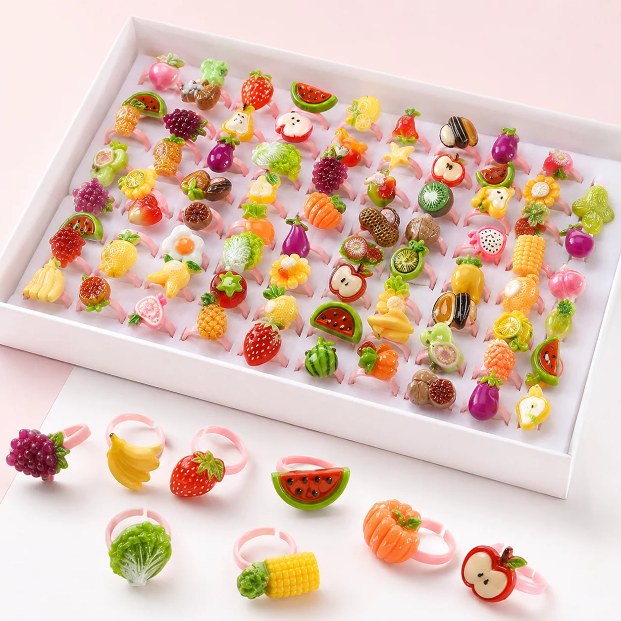 100pcsKids Adjustable Fruit Vegetable Rings Wholesale Cute Cartoon Resin Jewelry for Girls Boys Birthday Party Favors Goodie