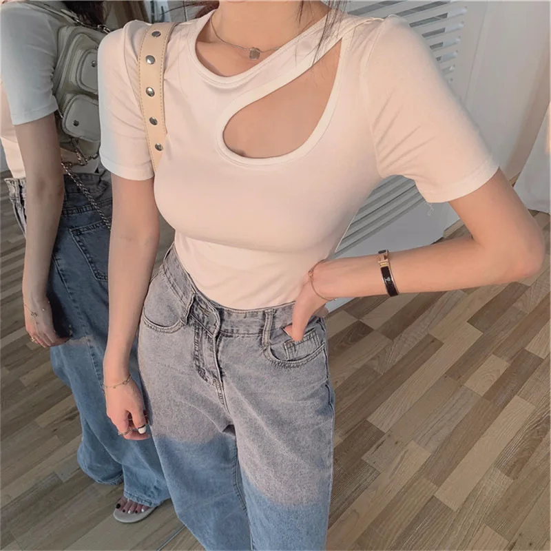 Neue Sommer Aushöhlen Sexy T-shirt Frauen Vintage Y2K Crop Tops Frau Dünne Koreanische Mode T Shirt Femme Loch Kleidung Kpop 90S