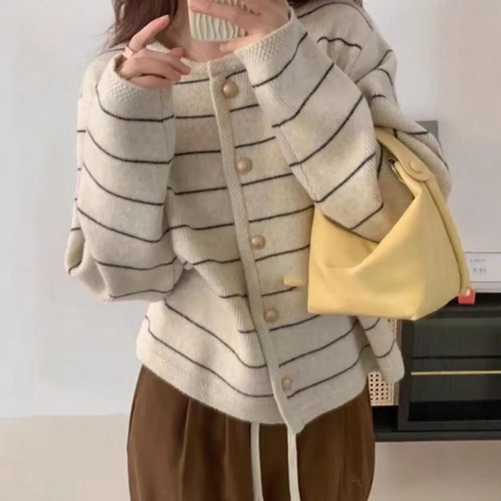Striped Pattern Women Cardigan Color Blocking Knit Top Minimalist Sweater Coat Casual Style Daily Loose Outwear For Ladies