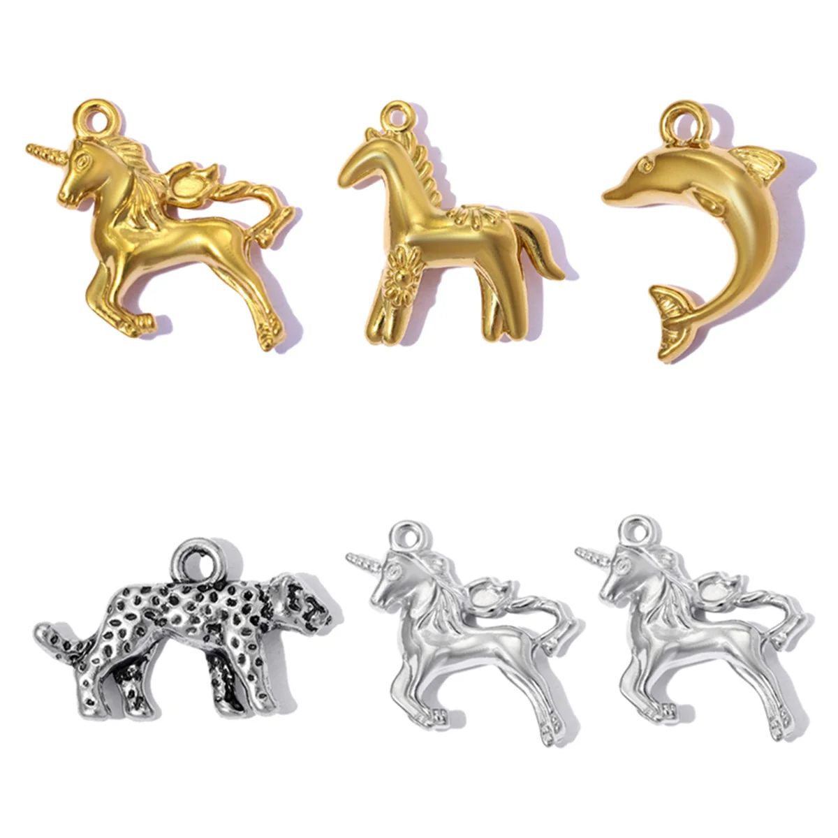 5pcs/Lot Stainless Steel Leopard Horse DIY Bracelet Charms Unicorn Dolphin Necklace Pendants Woman Shoe Accessory Wholesale