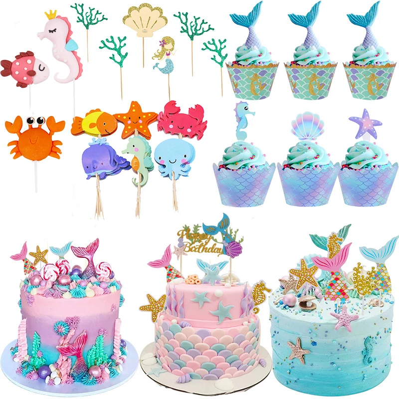 Little Mermaid Happy Birthday Cake Topper Mermaid Party Cupcake Toppers Girl Baby Shower Kids Birthday Party Wedding Decoration